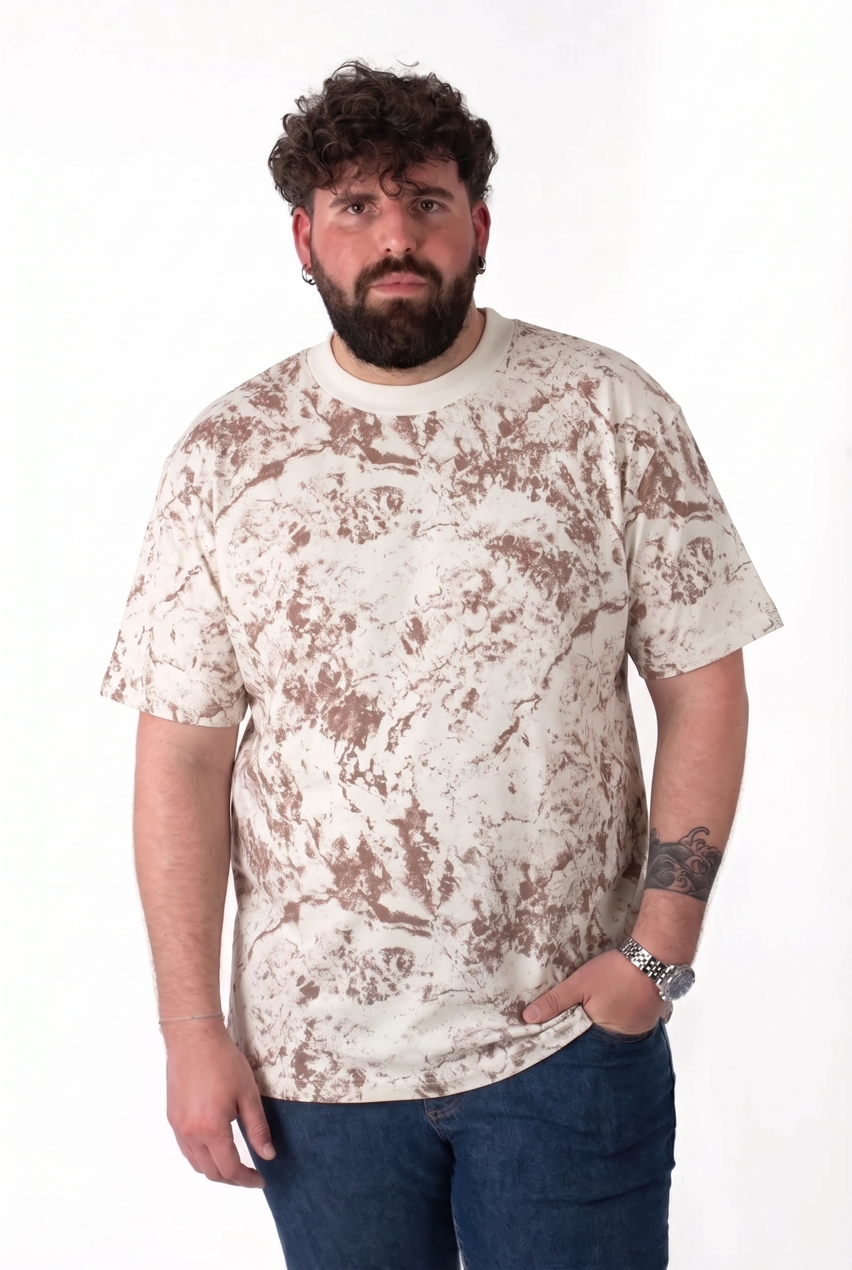 T-Shirt Bianca con Chiazze Marroni Tie-Dye Uomo Taglie Forti