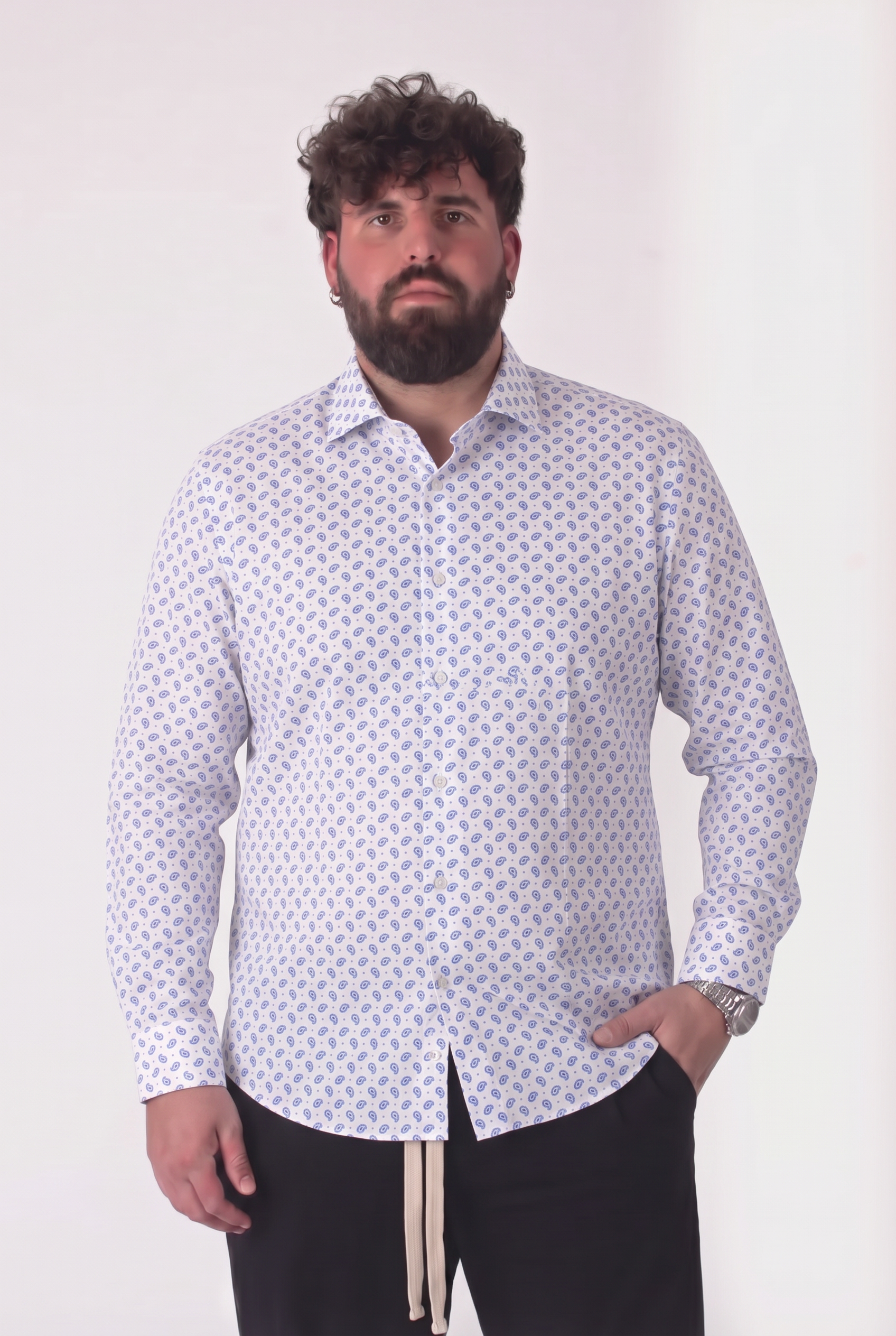 Camicia Fantasia Paisley Blu su Bianco Colletto Classico Uomo Taglie Forti