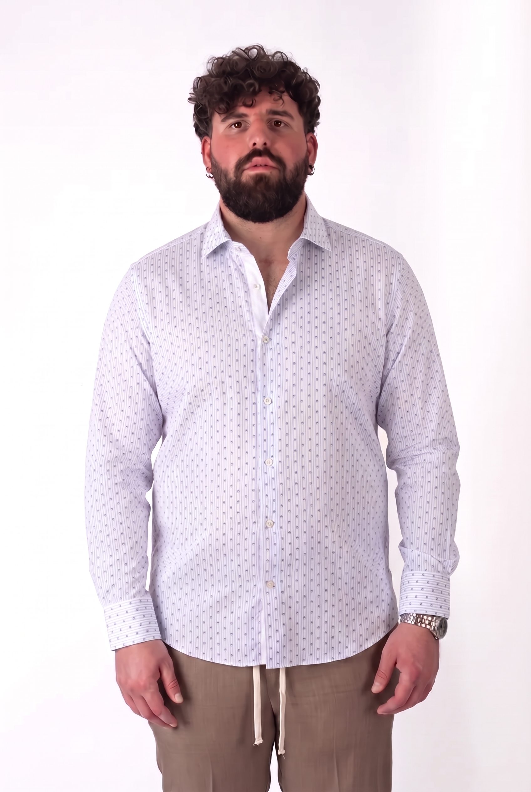 Camicia Fantasia Righe e Micro Pattern Bianco e Turchese Colletto Classico Uomo Taglie Forti