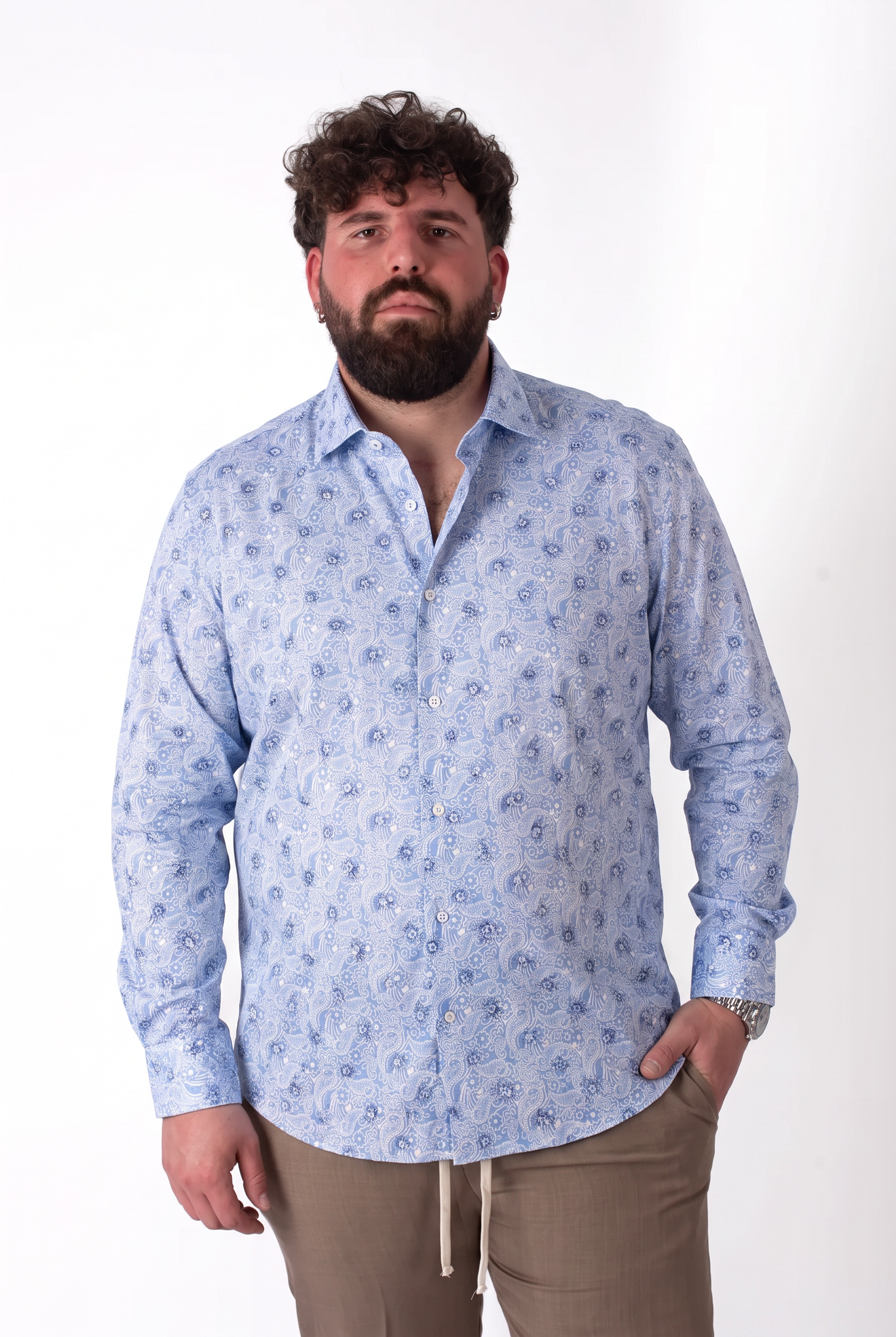 Camicia Fantasia Floreale Azzurra Colletto Classico Uomo Taglie Forti
