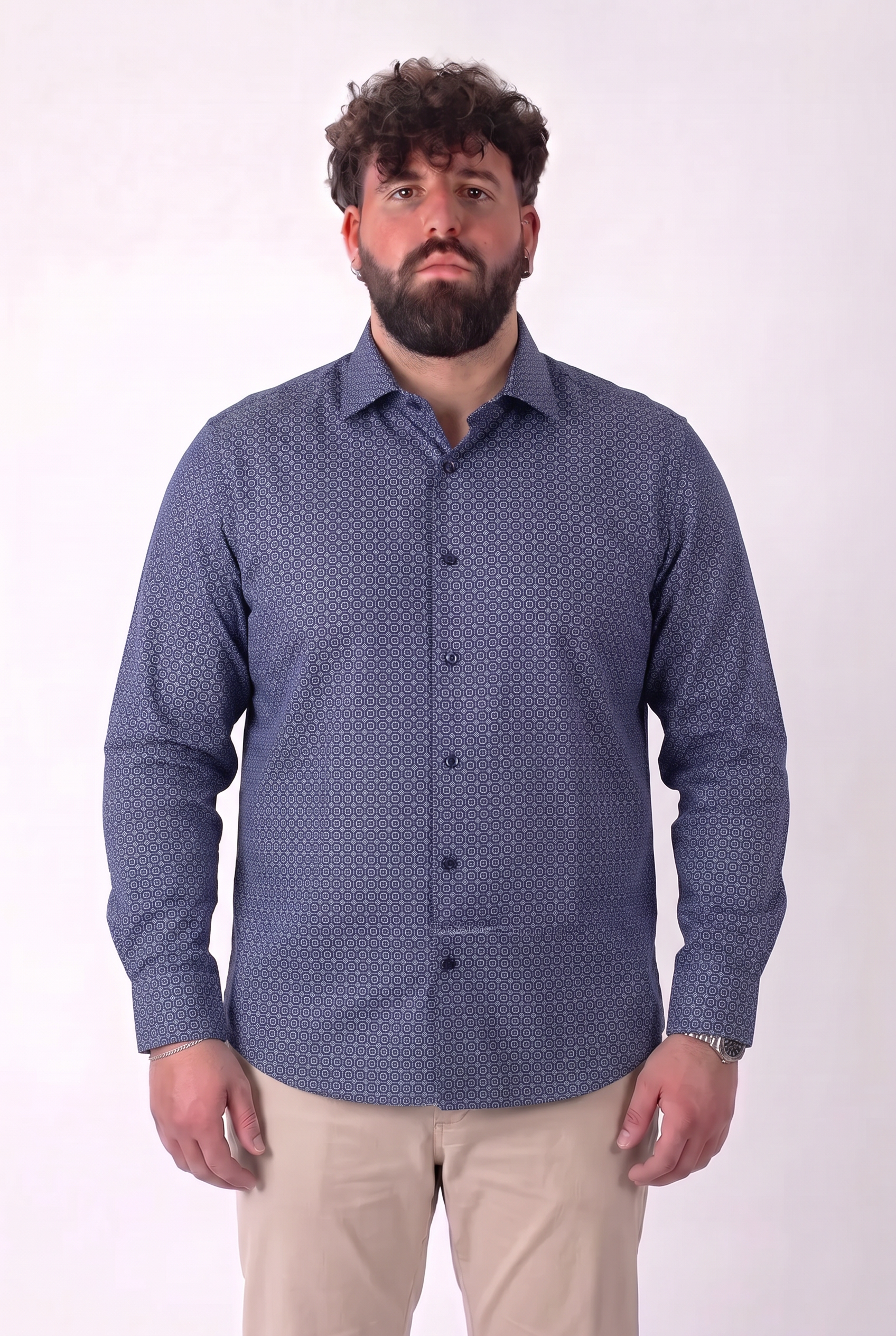 Camicia Fantasia Geometrica Blu Navy Colletto Classico Uomo Taglie Forti