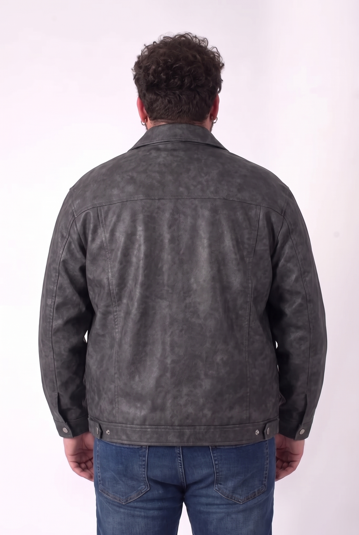 Giacca Hendrix in Ecopelle Grigio Antracite Washed Stile Trucker Uomo Taglie Forti
