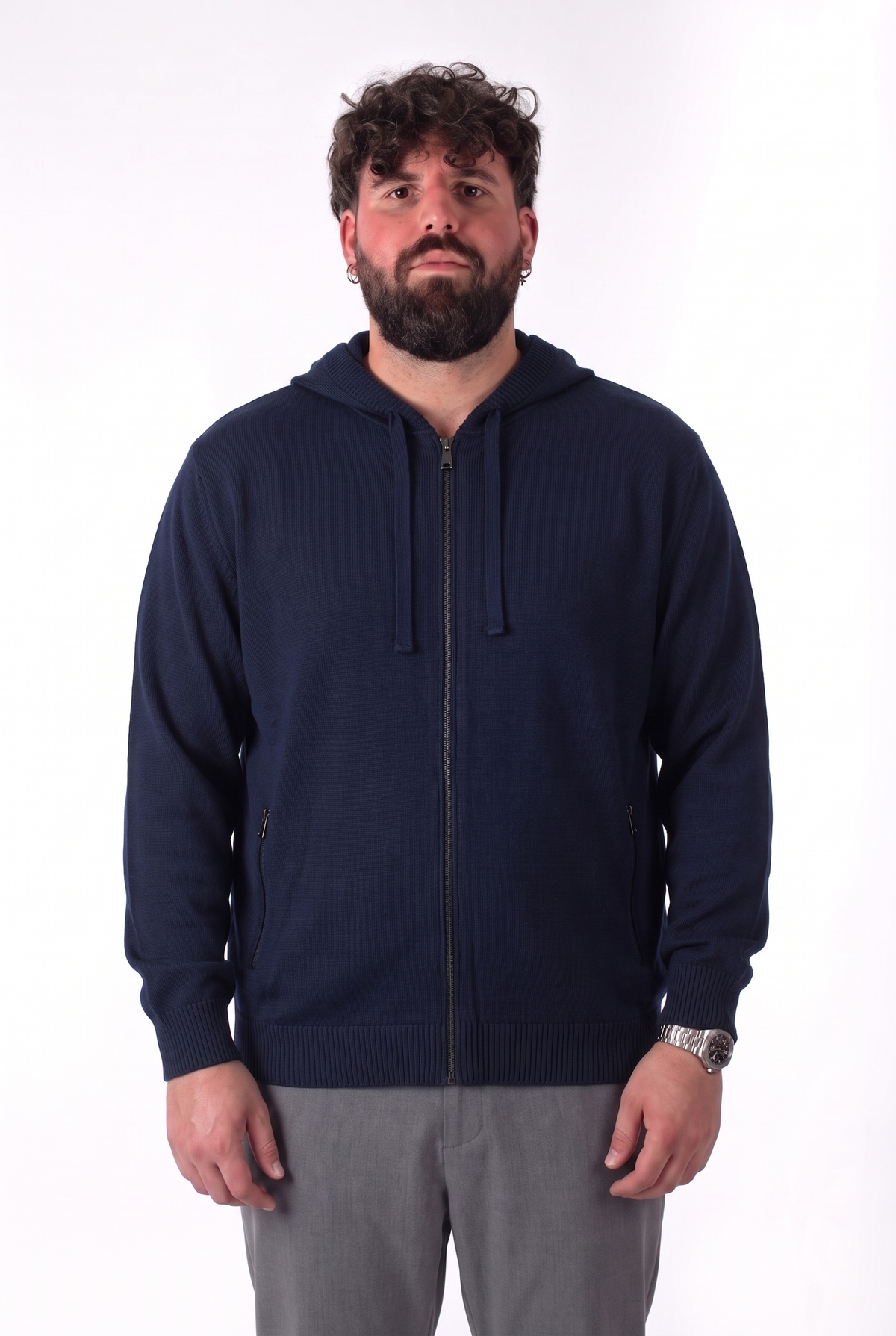 Felpa in Maglia Blu Navy con Cappuccio e Zip Uomo Taglie Forti