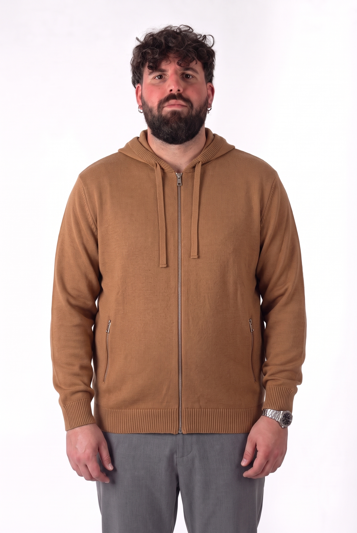 Felpa in Maglia Cammello con Cappuccio e Zip Uomo Taglie Forti