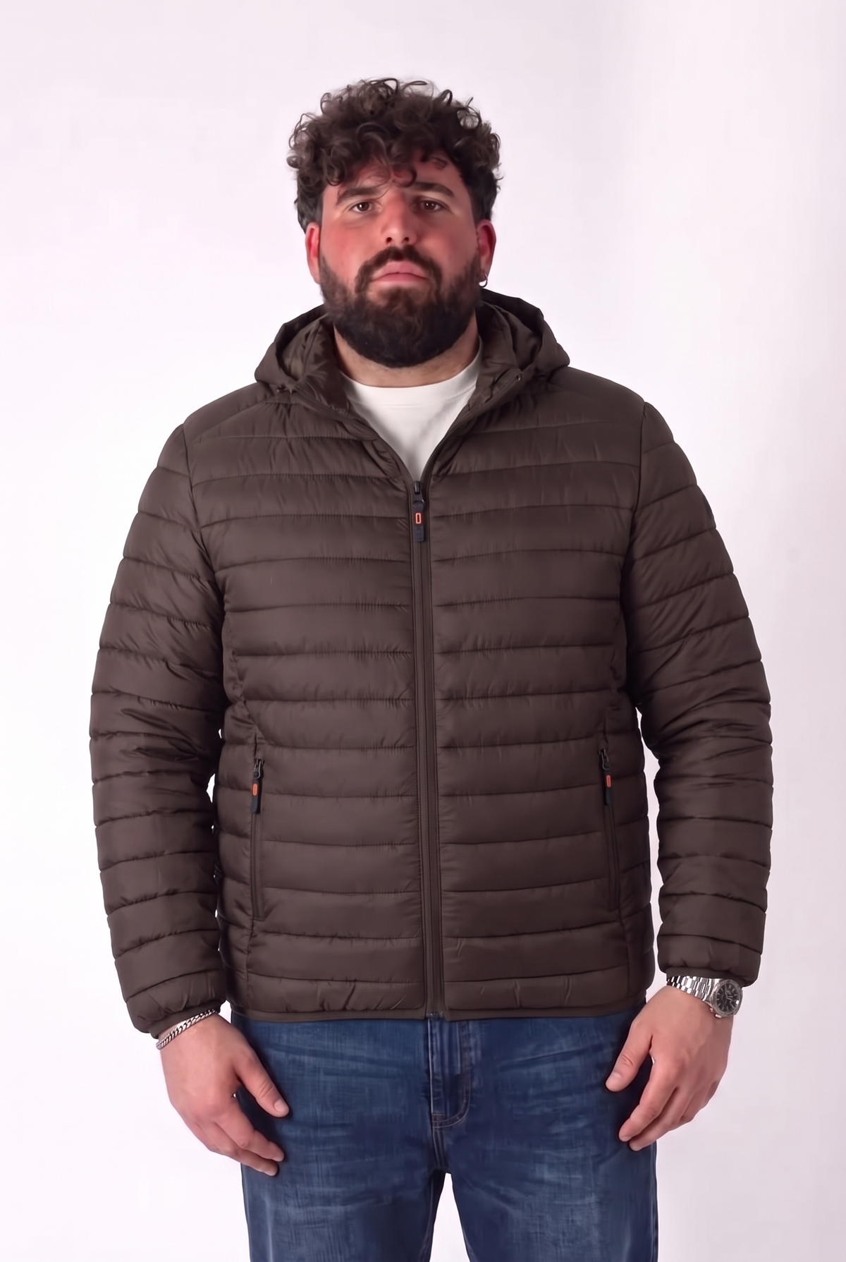 Piumino Marrone con Cappuccio Taglie Forti Uomo